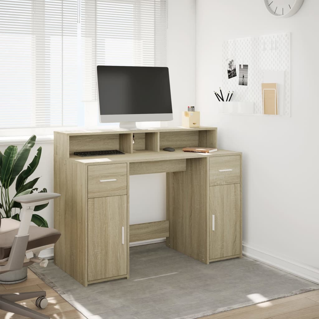Skrivebord med LED-lys sonoma eik 120x55x91 cm konstruert tre