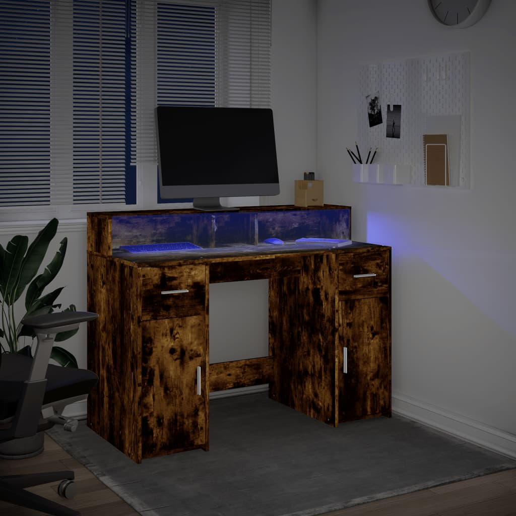 Skrivebord med LED-lys røkt eik 120x55x91 cm konstruert tre