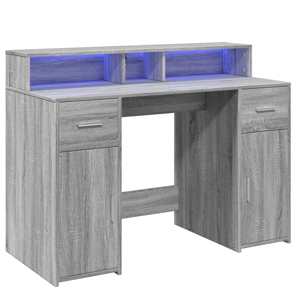 Skrivebord med LED-lys grå sonoma 120x55x91 cm konstruert tre