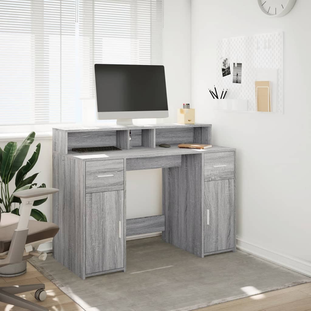 Skrivebord med LED-lys grå sonoma 120x55x91 cm konstruert tre