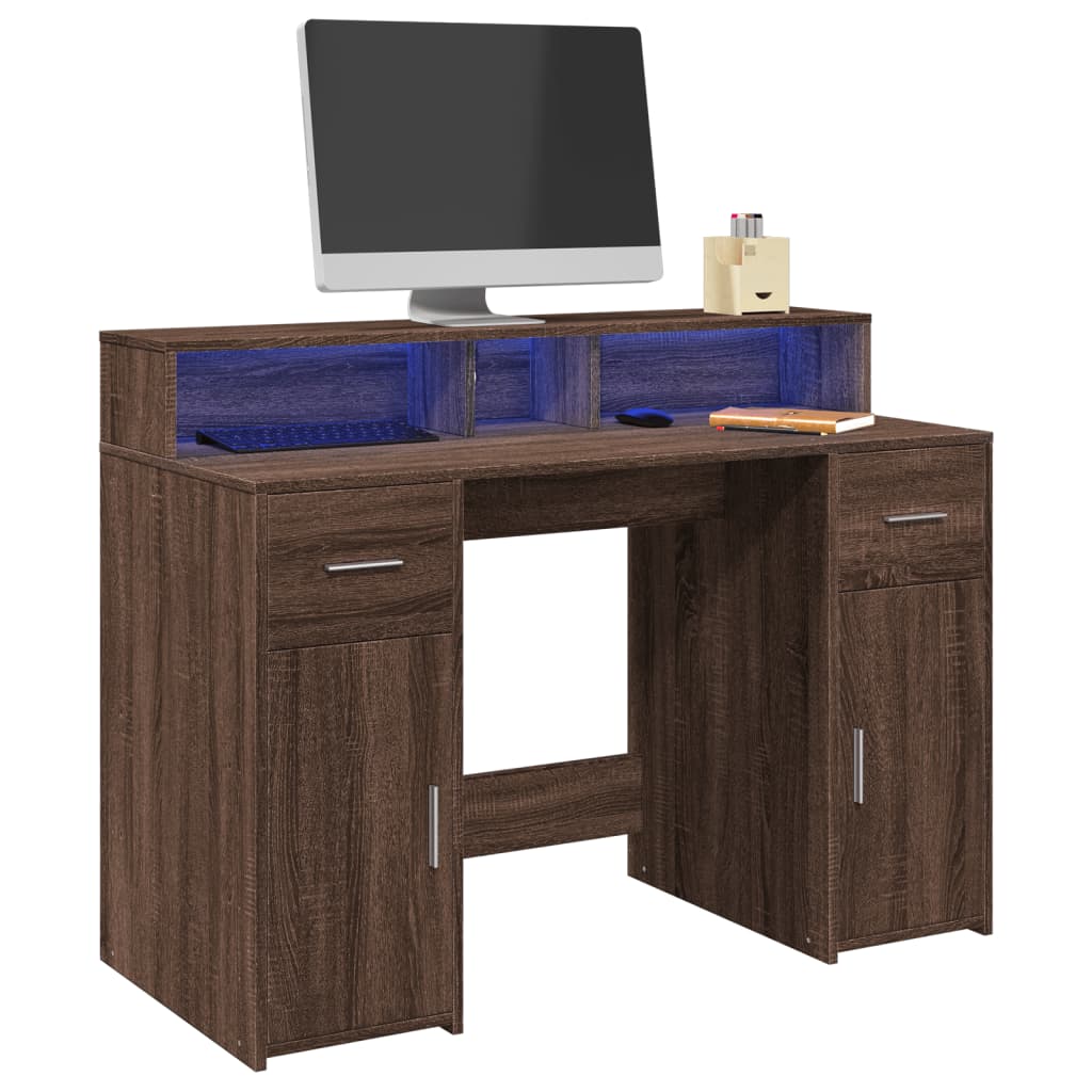 Skrivebord med LED-lys brun eik 120x55x91 cm konstruert tre