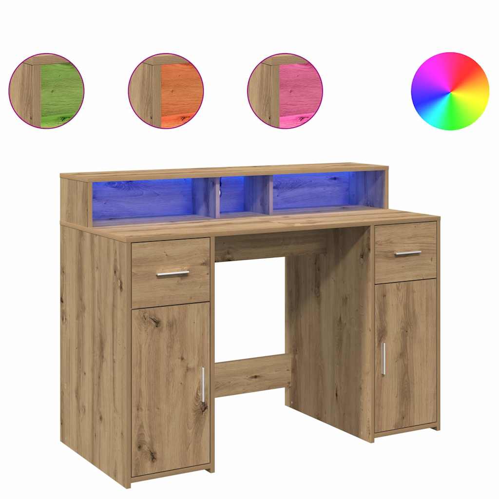 Skrivebord med LED-lys artisan eik 120x55x91 cm konstruert tre