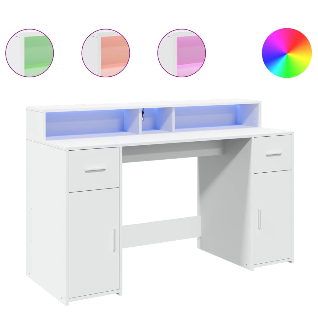 Skrivebord med LED-lys hvit 140x55x91 cm konstruert tre