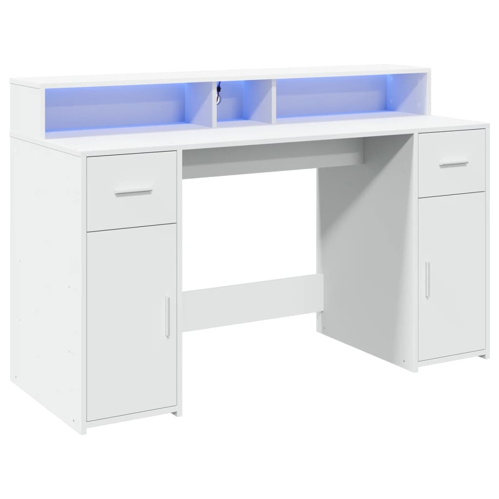 Skrivebord med LED-lys hvit 140x55x91 cm konstruert tre