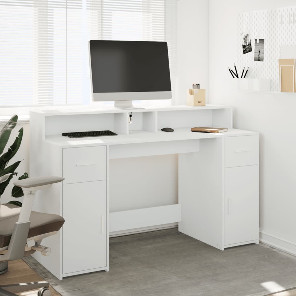 Skrivebord med LED-lys hvit 140x55x91 cm konstruert tre