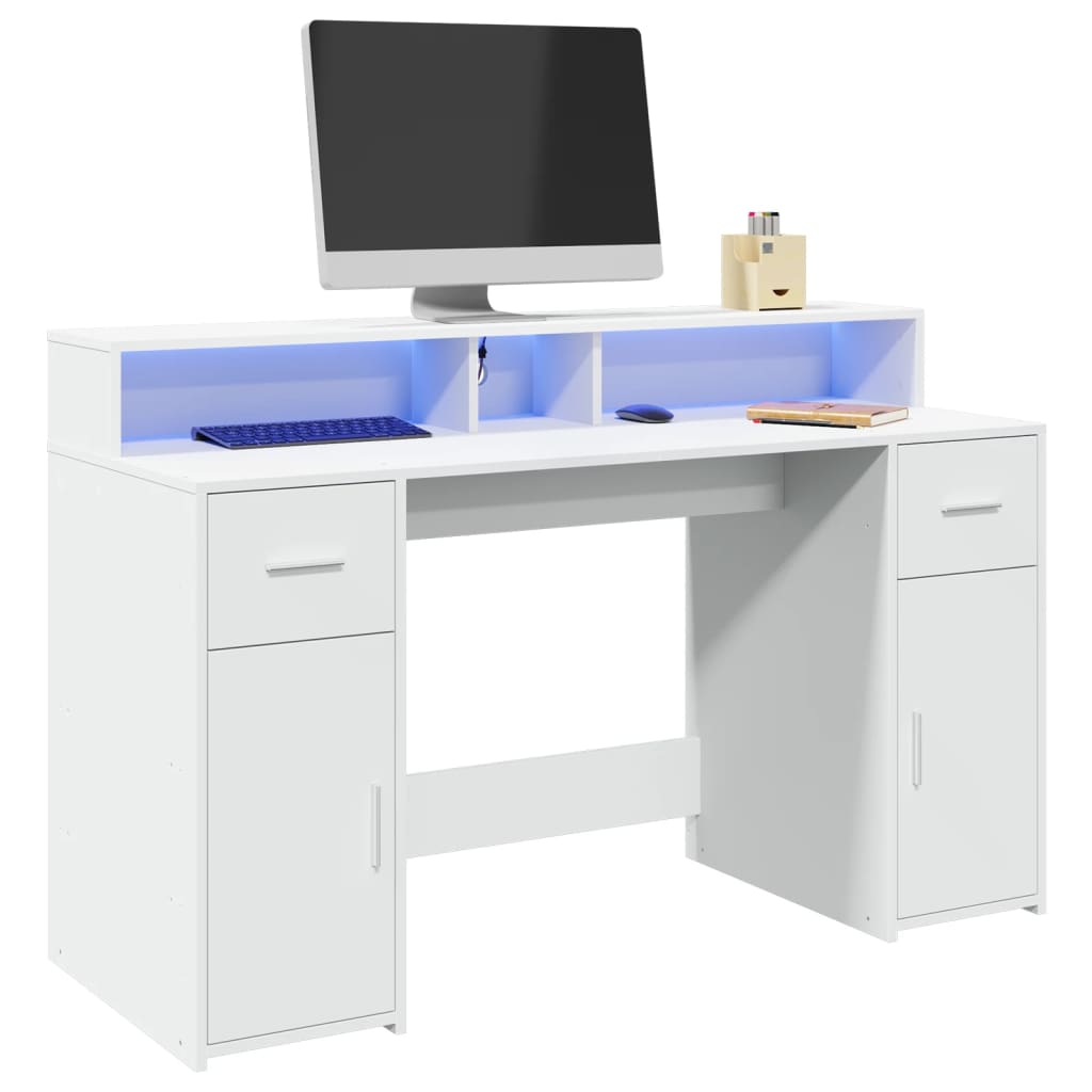 Skrivebord med LED-lys hvit 140x55x91 cm konstruert tre