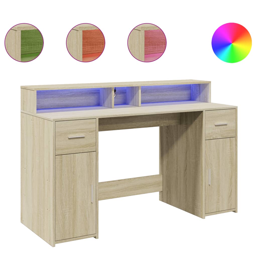 Skrivebord med LED-lys sonoma eik 140x55x91 cm konstruert tre