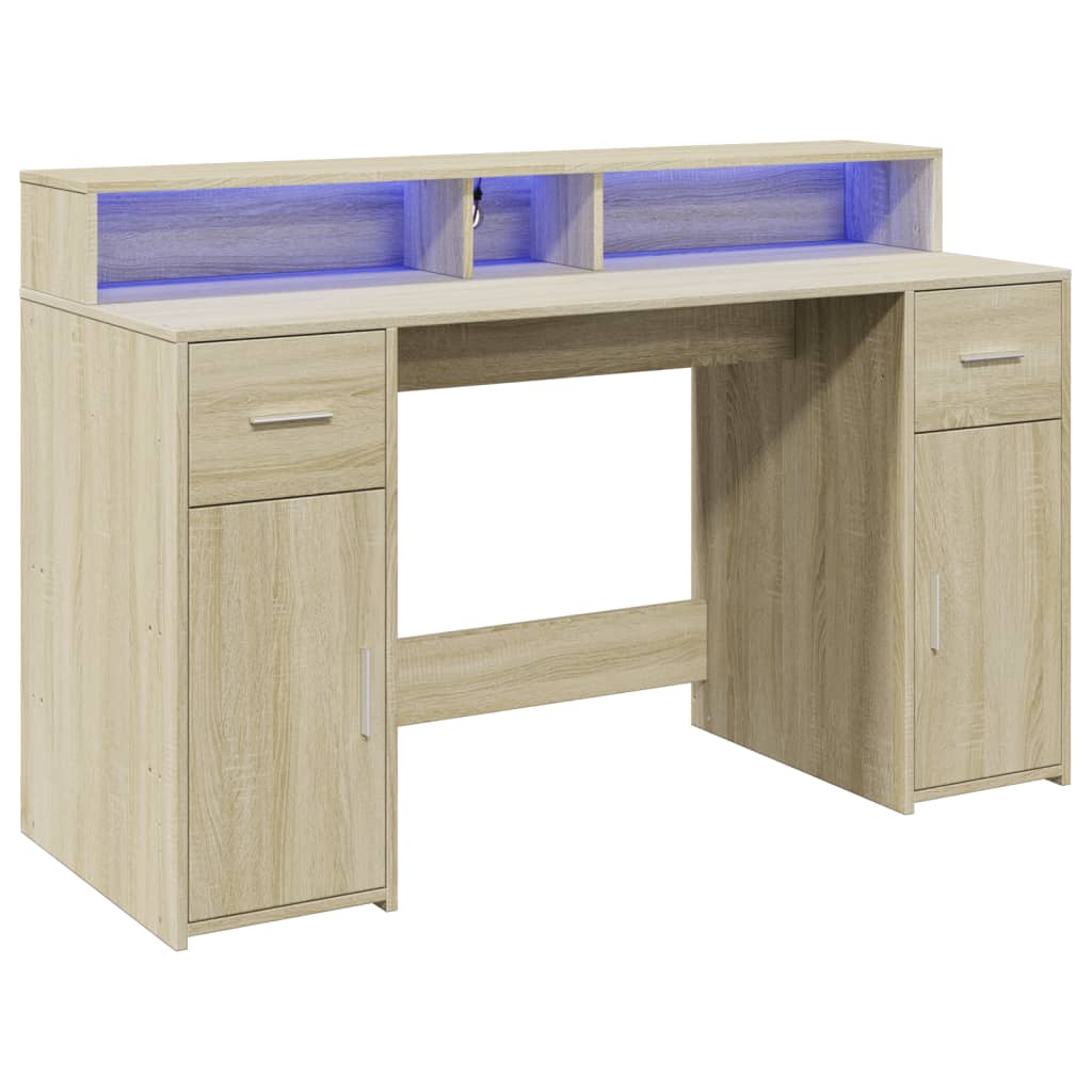 Skrivebord med LED-lys sonoma eik 140x55x91 cm konstruert tre