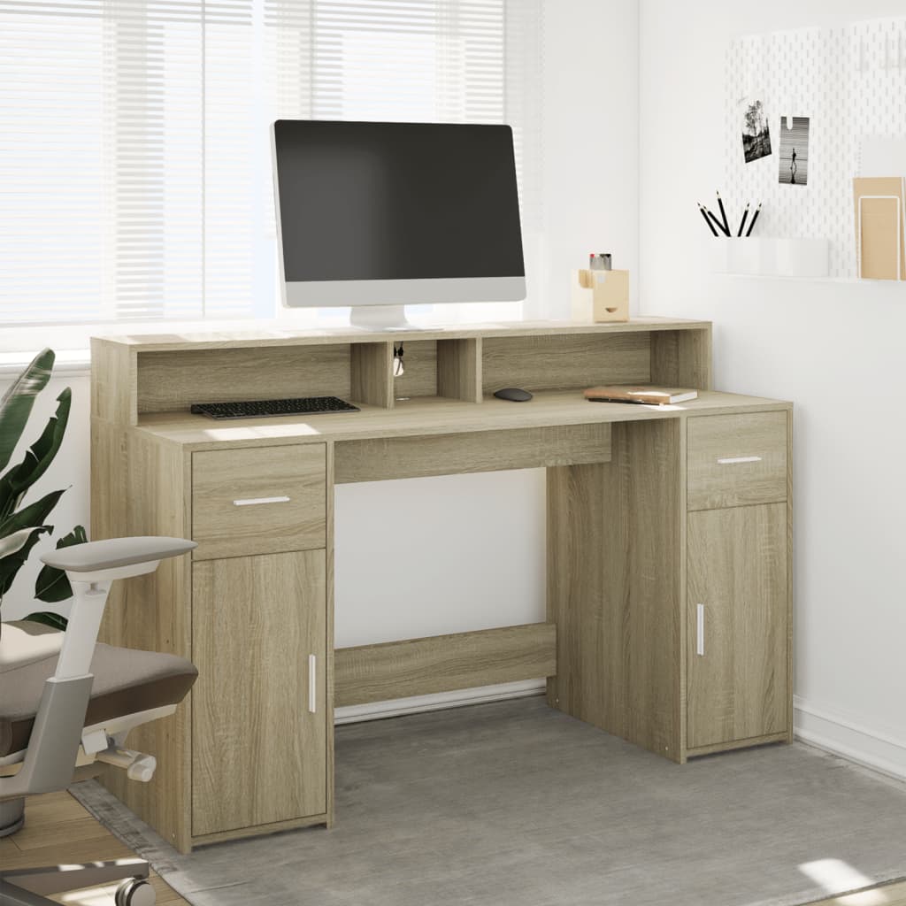 Skrivebord med LED-lys sonoma eik 140x55x91 cm konstruert tre