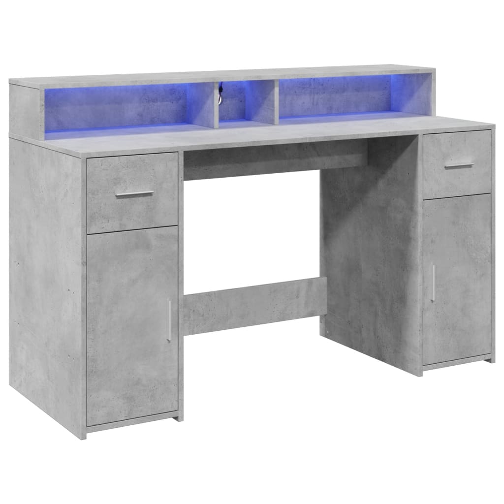 Skrivebord med LED-lys betonggrå 140x55x91 cm konstruert tre