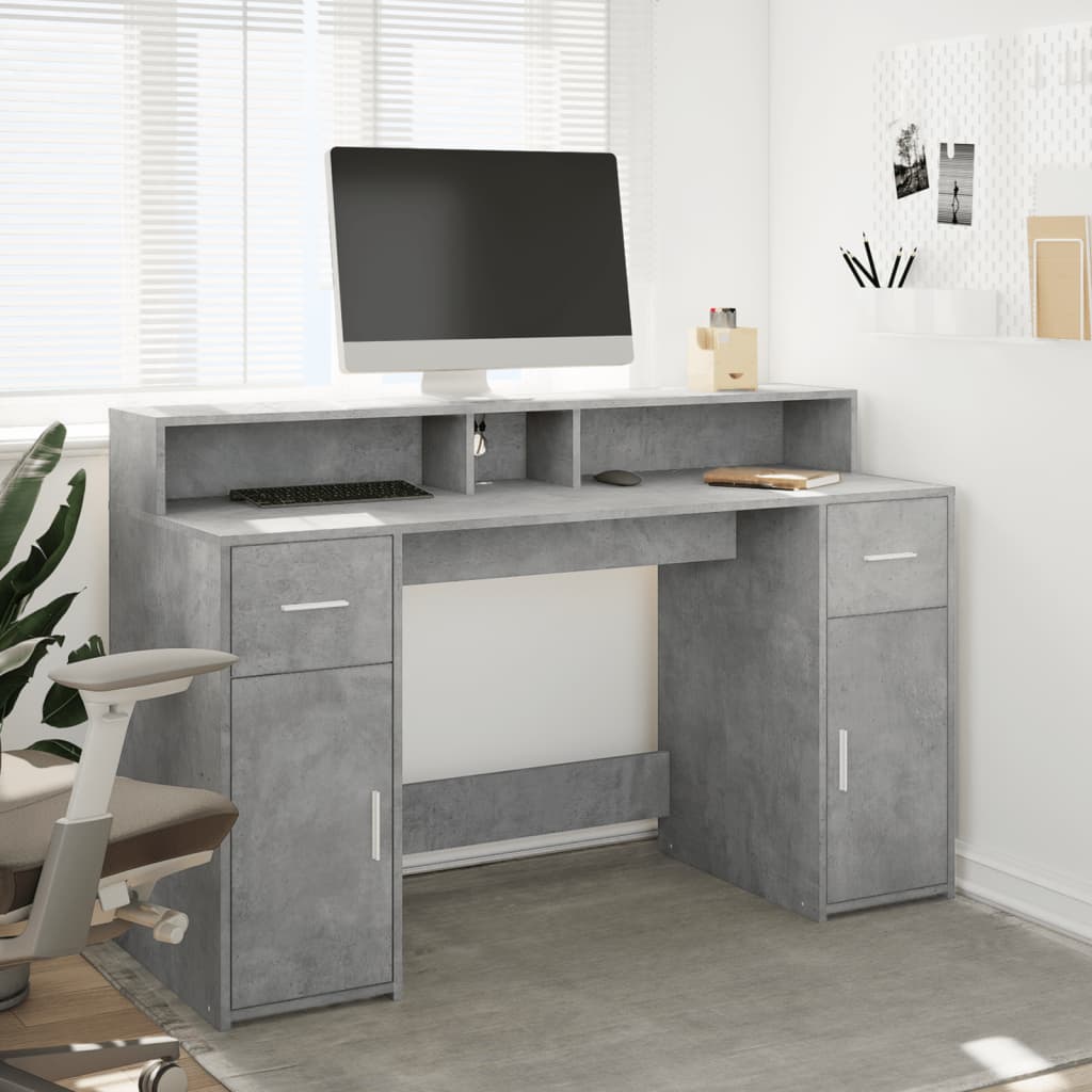 Skrivebord med LED-lys betonggrå 140x55x91 cm konstruert tre