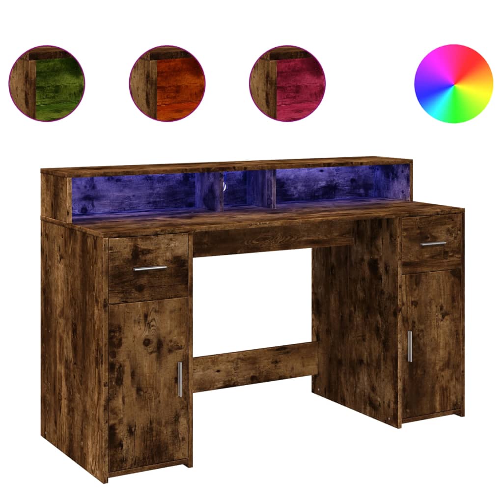 Skrivebord med LED-lys røkt eik 140x55x91 cm konstruert tre