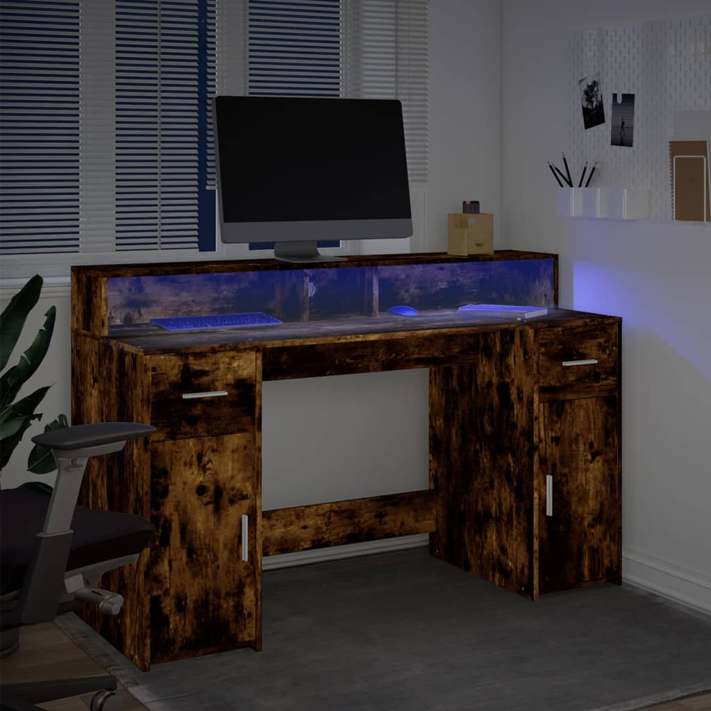 Skrivebord med LED-lys røkt eik 140x55x91 cm konstruert tre