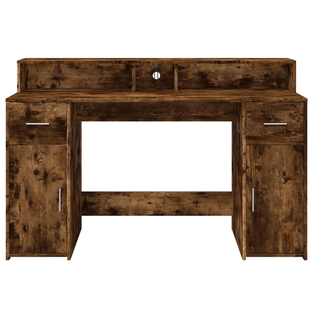 Skrivebord med LED-lys røkt eik 140x55x91 cm konstruert tre