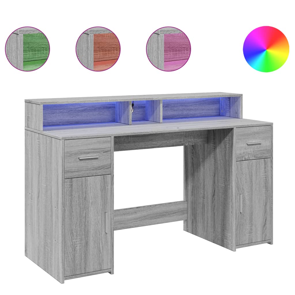Skrivebord med LED-lys grå sonoma 140x55x91 cm konstruert tre