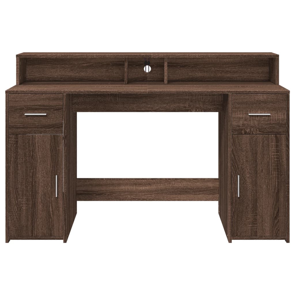 Skrivebord med LED-lys brun eik 140x55x91 cm konstruert tre