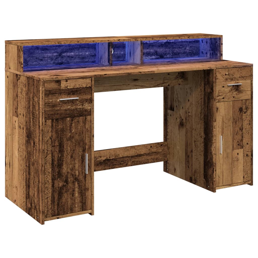 Skrivebord med LED-lys gammelt tre 140x55x91 cm konstruert tre
