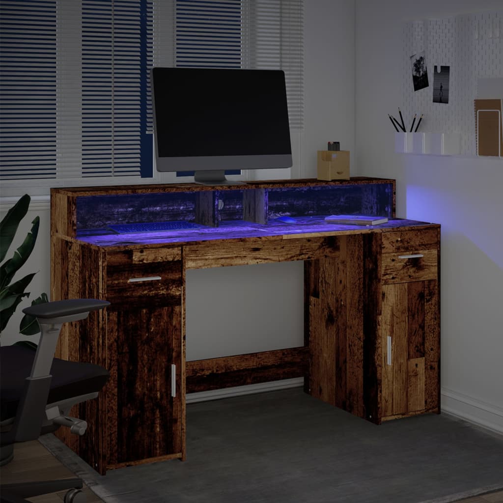 Skrivebord med LED-lys gammelt tre 140x55x91 cm konstruert tre