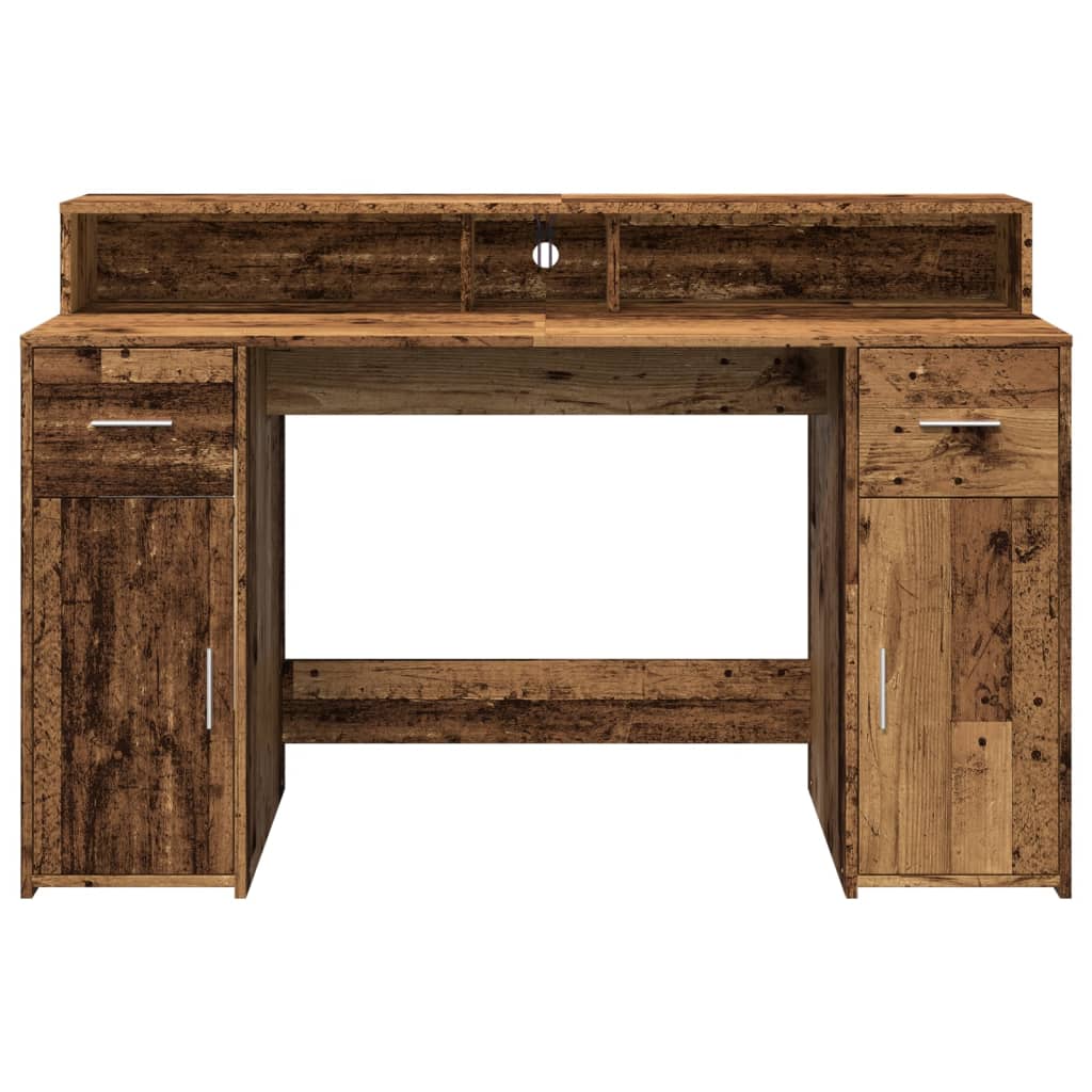 Skrivebord med LED-lys gammelt tre 140x55x91 cm konstruert tre