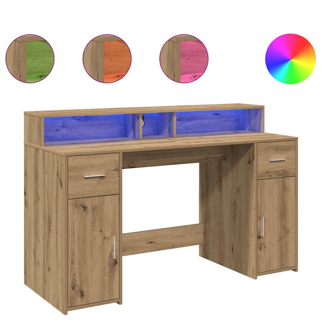 Skrivebord med LED-lys artisan eik 140x55x91 cm konstruert tre