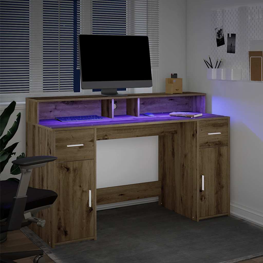 Skrivebord med LED-lys artisan eik 140x55x91 cm konstruert tre