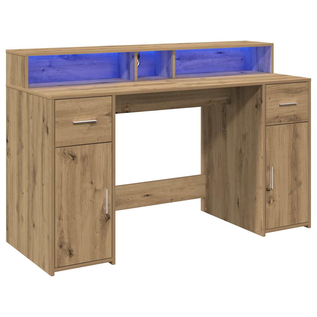 Skrivebord med LED-lys artisan eik 140x55x91 cm konstruert tre