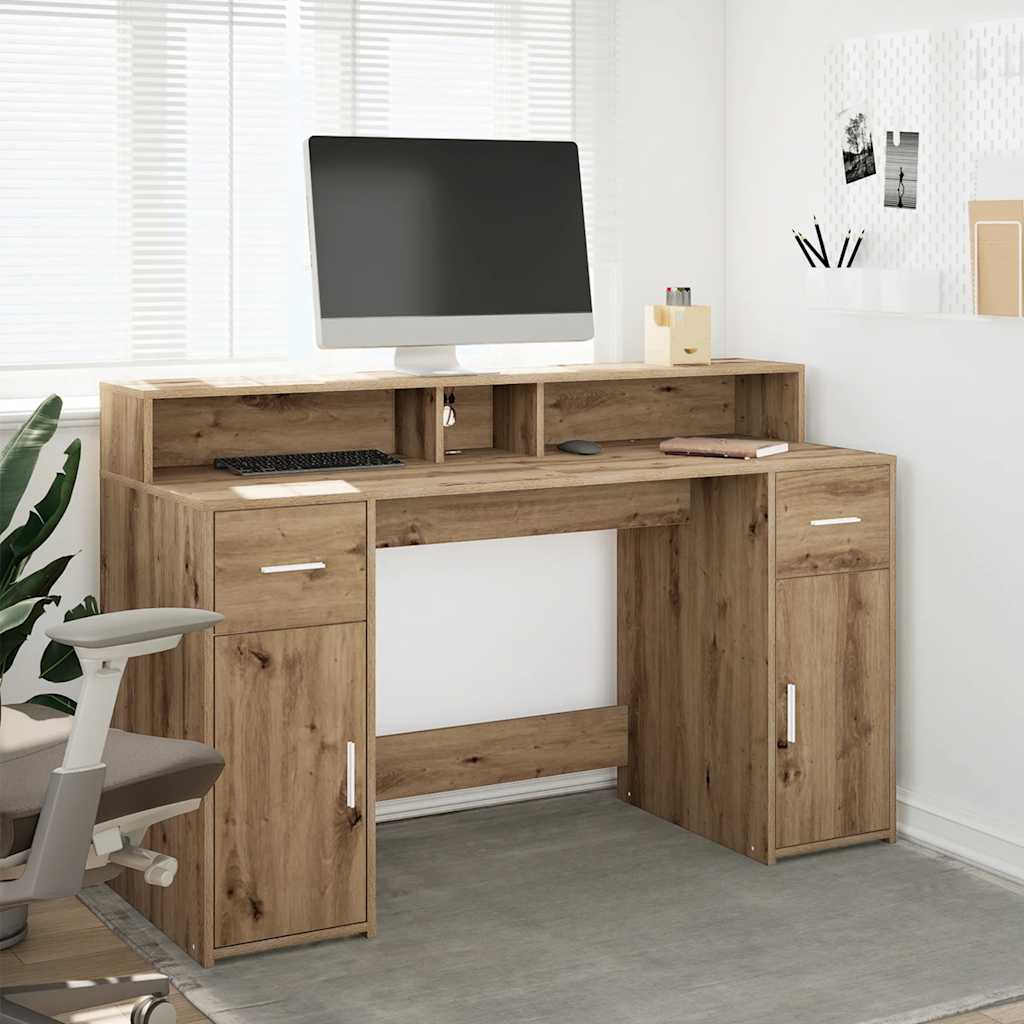 Skrivebord med LED-lys artisan eik 140x55x91 cm konstruert tre
