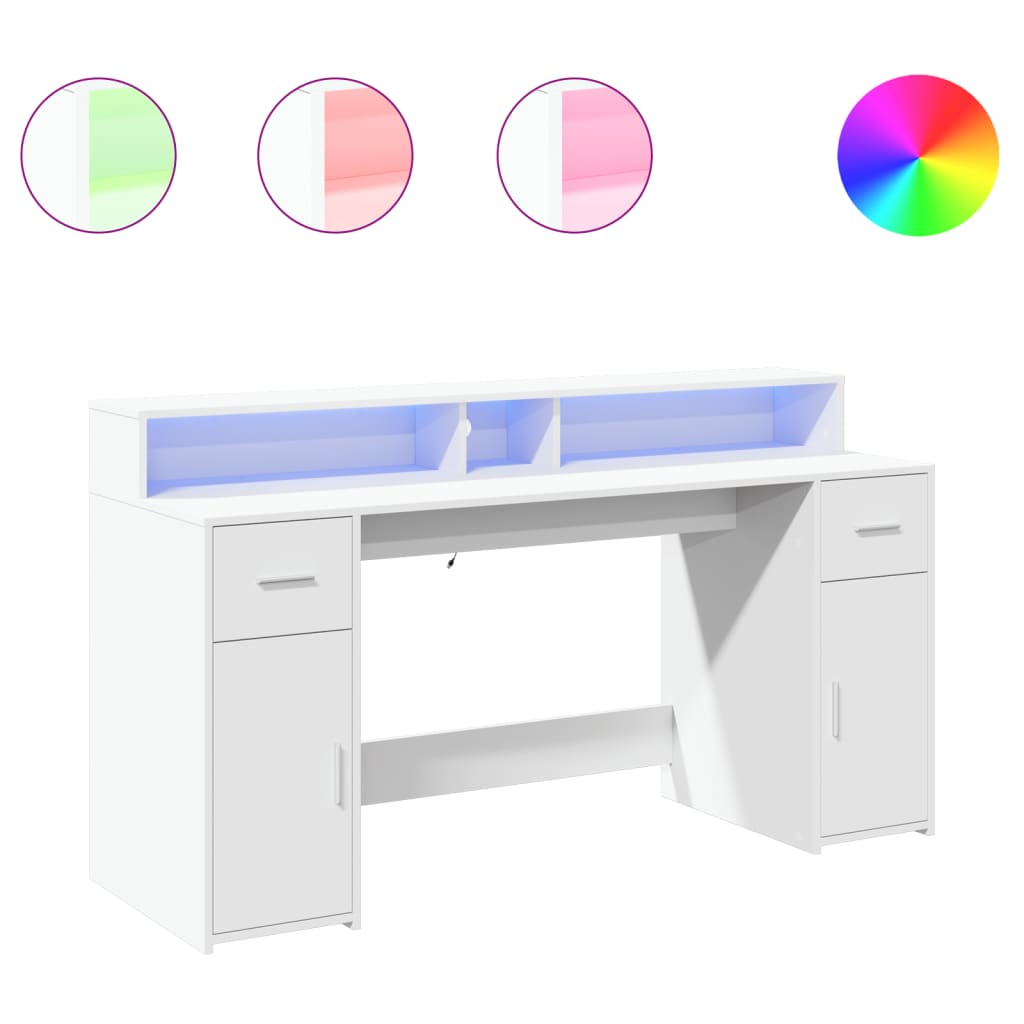 Skrivebord med LED-lys hvit 160x55x91 cm konstruert tre