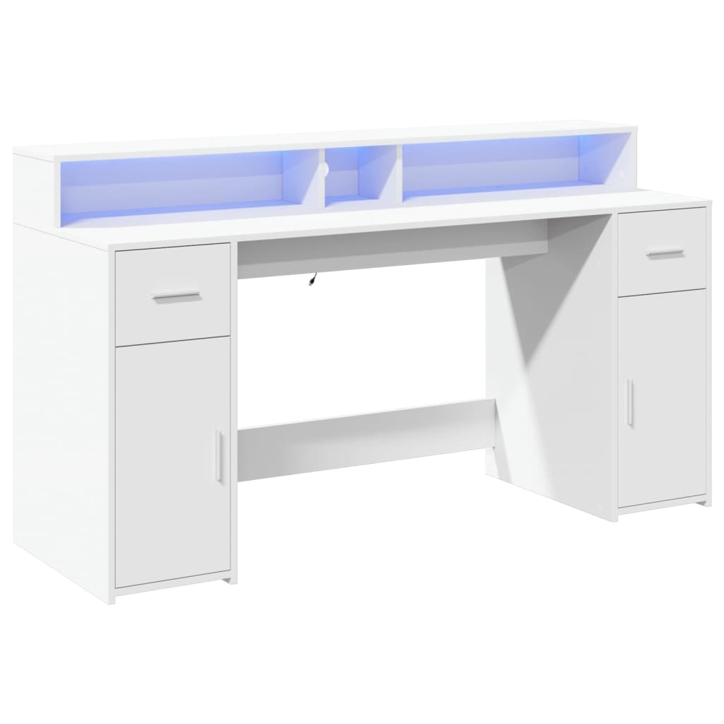 Skrivebord med LED-lys hvit 160x55x91 cm konstruert tre