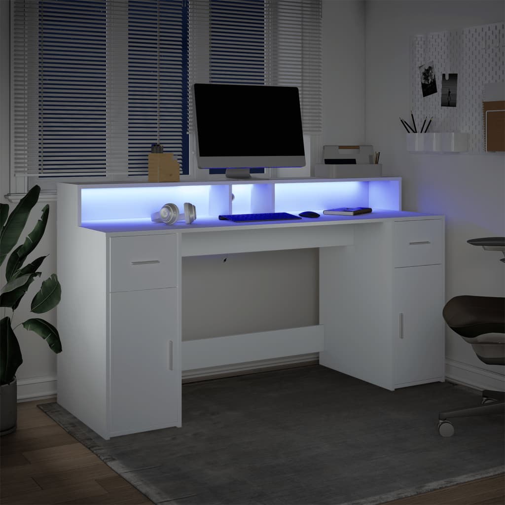 Skrivebord med LED-lys hvit 160x55x91 cm konstruert tre