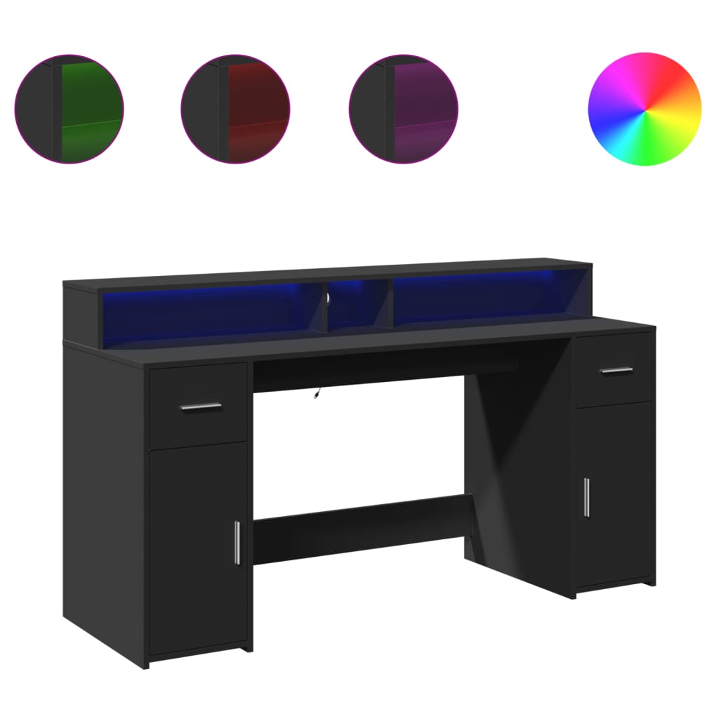 Skrivebord med LED-lys svart 160x55x91 cm konstruert tre