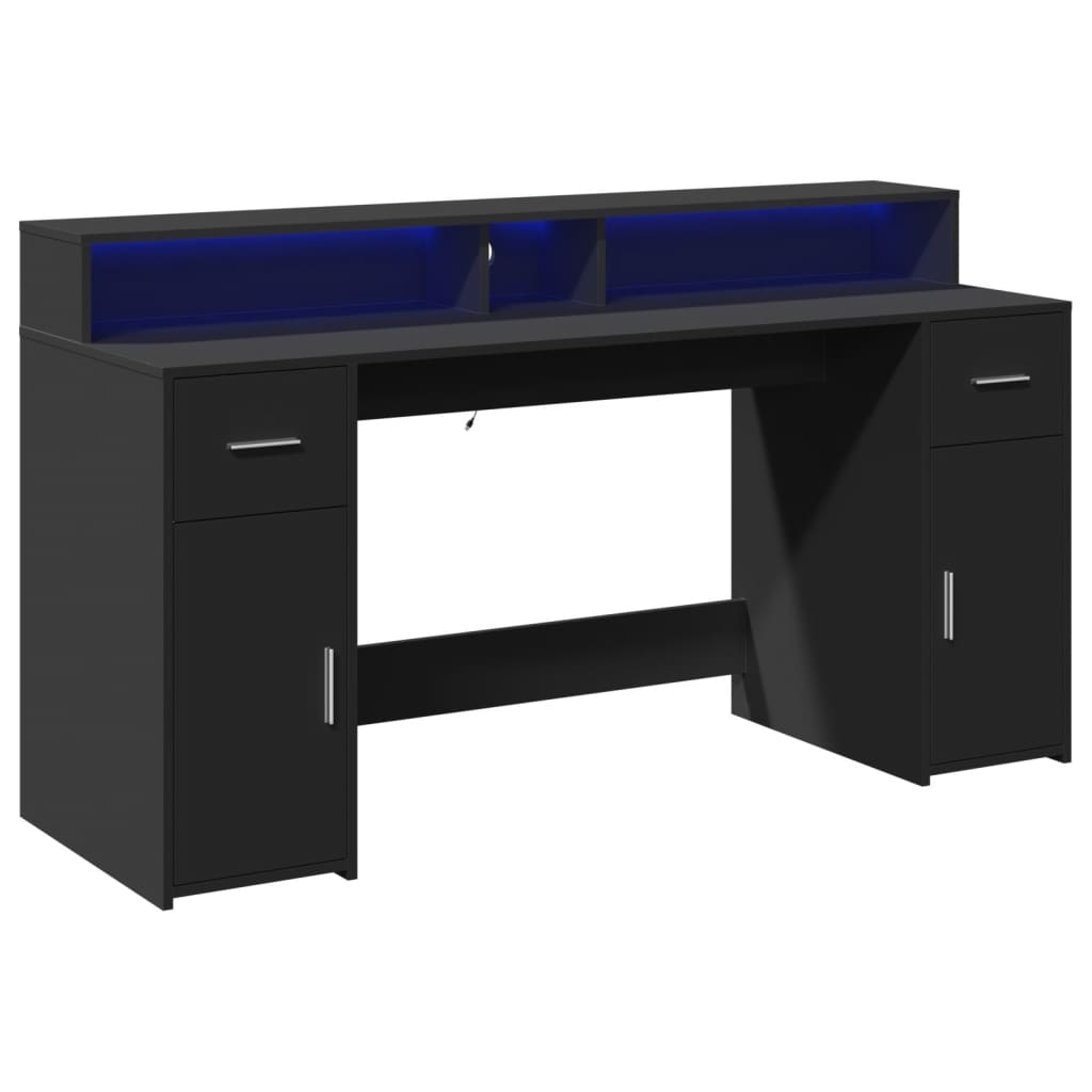 Skrivebord med LED-lys svart 160x55x91 cm konstruert tre