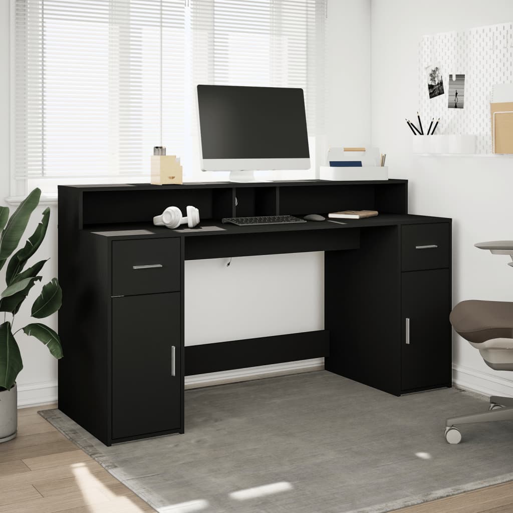 Skrivebord med LED-lys svart 160x55x91 cm konstruert tre