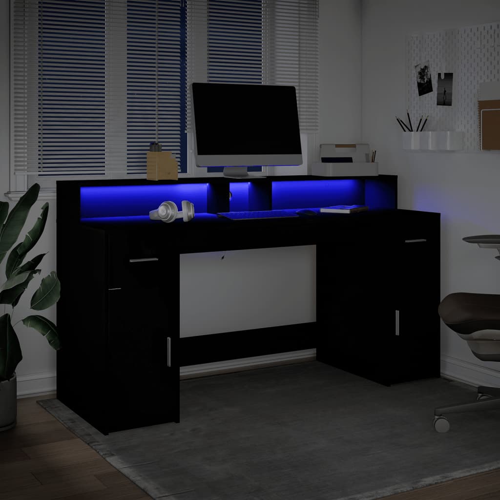 Skrivebord med LED-lys svart 160x55x91 cm konstruert tre
