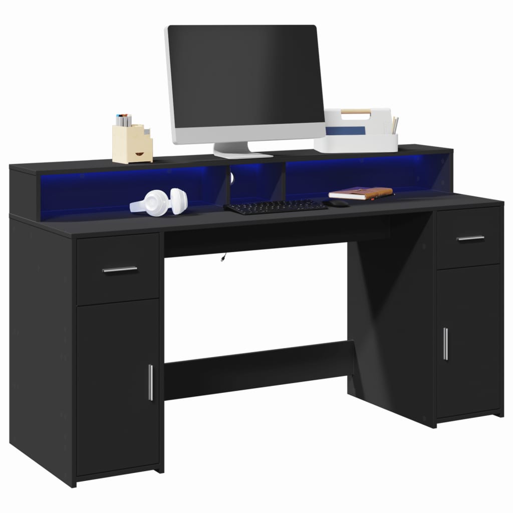 Skrivebord med LED-lys svart 160x55x91 cm konstruert tre