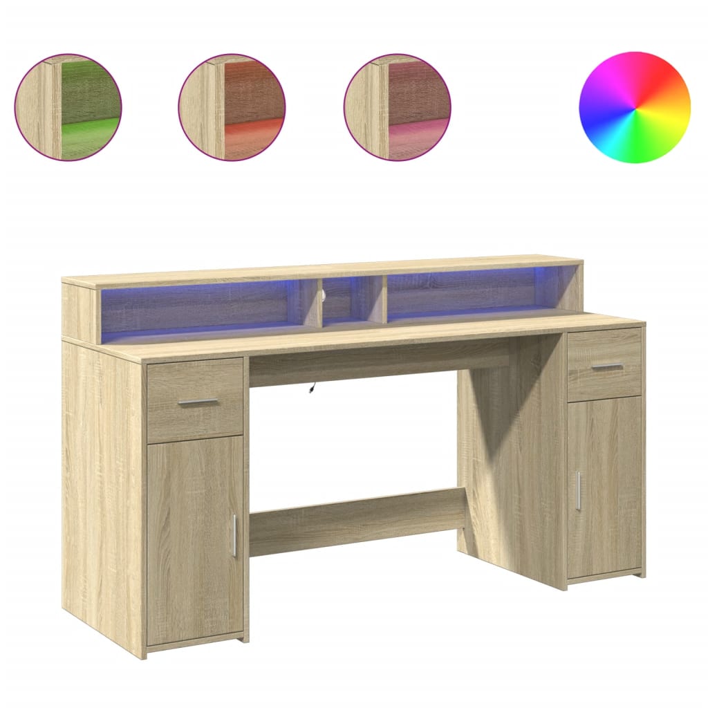 Skrivebord med LED-lys sonoma eik 160x55x91 cm konstruert tre