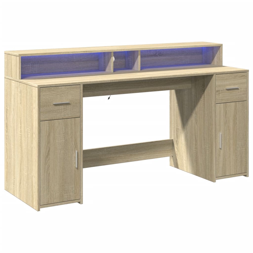 Skrivebord med LED-lys sonoma eik 160x55x91 cm konstruert tre