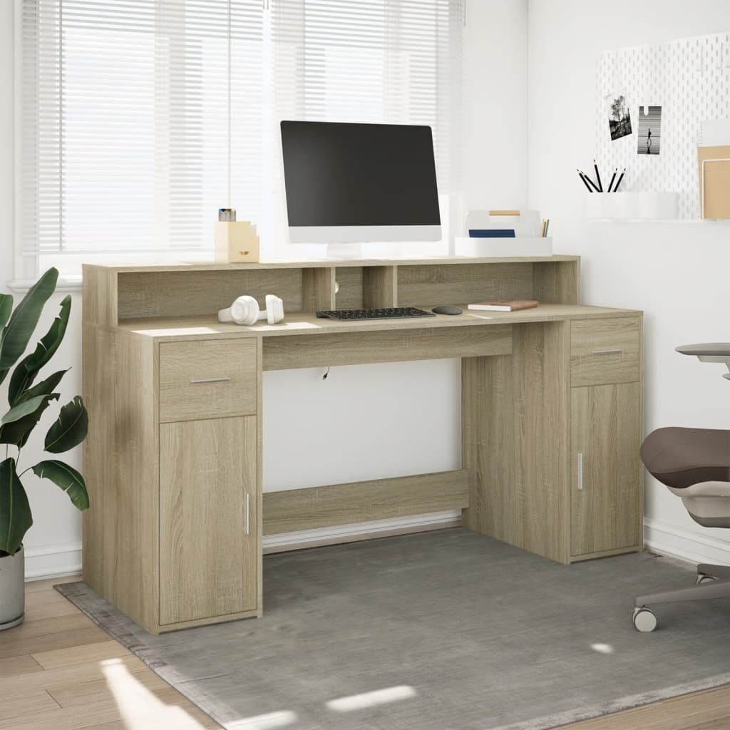 Skrivebord med LED-lys sonoma eik 160x55x91 cm konstruert tre
