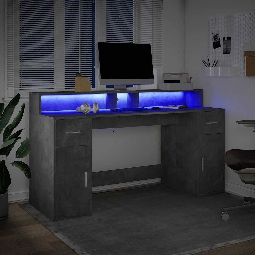 Skrivebord med LED-lys betonggrå 160x55x91 cm konstruert tre
