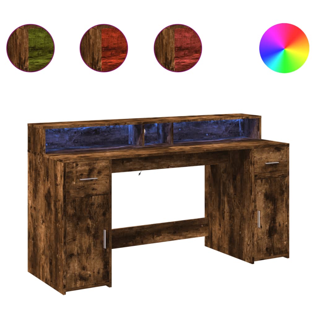 Skrivebord med LED-lys røkt eik 160x55x91 cm konstruert tre