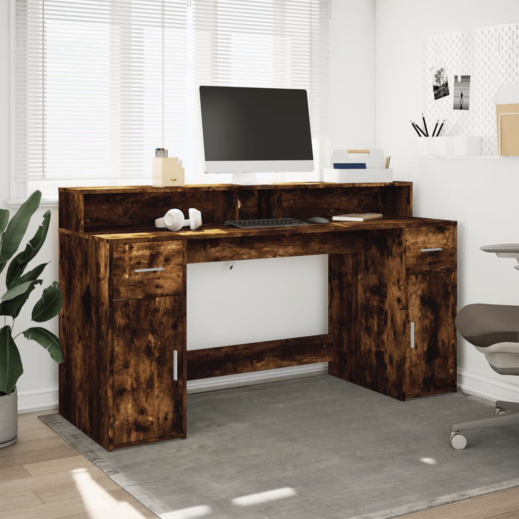 Skrivebord med LED-lys røkt eik 160x55x91 cm konstruert tre