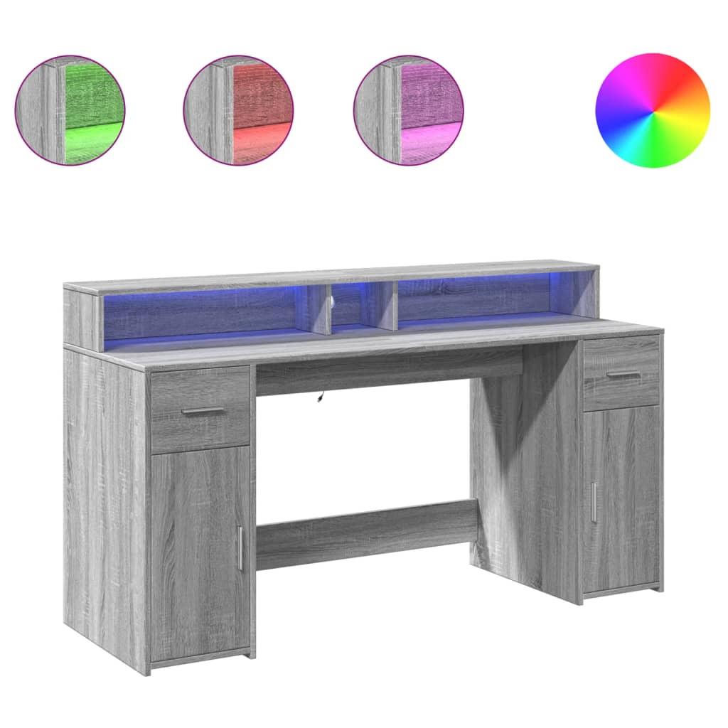 Skrivebord med LED-lys grå sonoma 160x55x91 cm konstruert tre