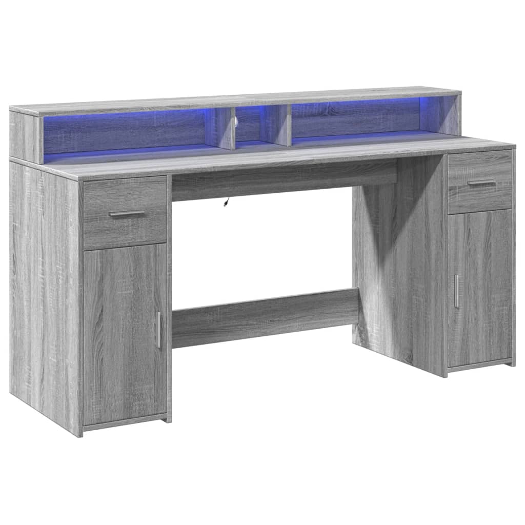 Skrivebord med LED-lys grå sonoma 160x55x91 cm konstruert tre