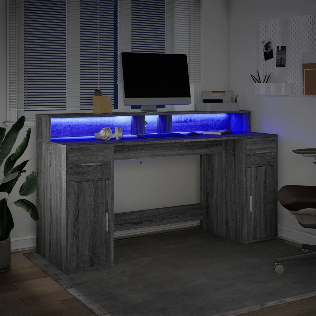 Skrivebord med LED-lys grå sonoma 160x55x91 cm konstruert tre