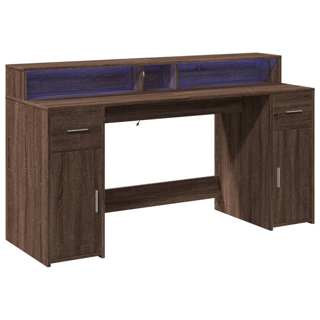 Skrivebord med LED-lys brun eik 160x55x91 cm konstruert tre