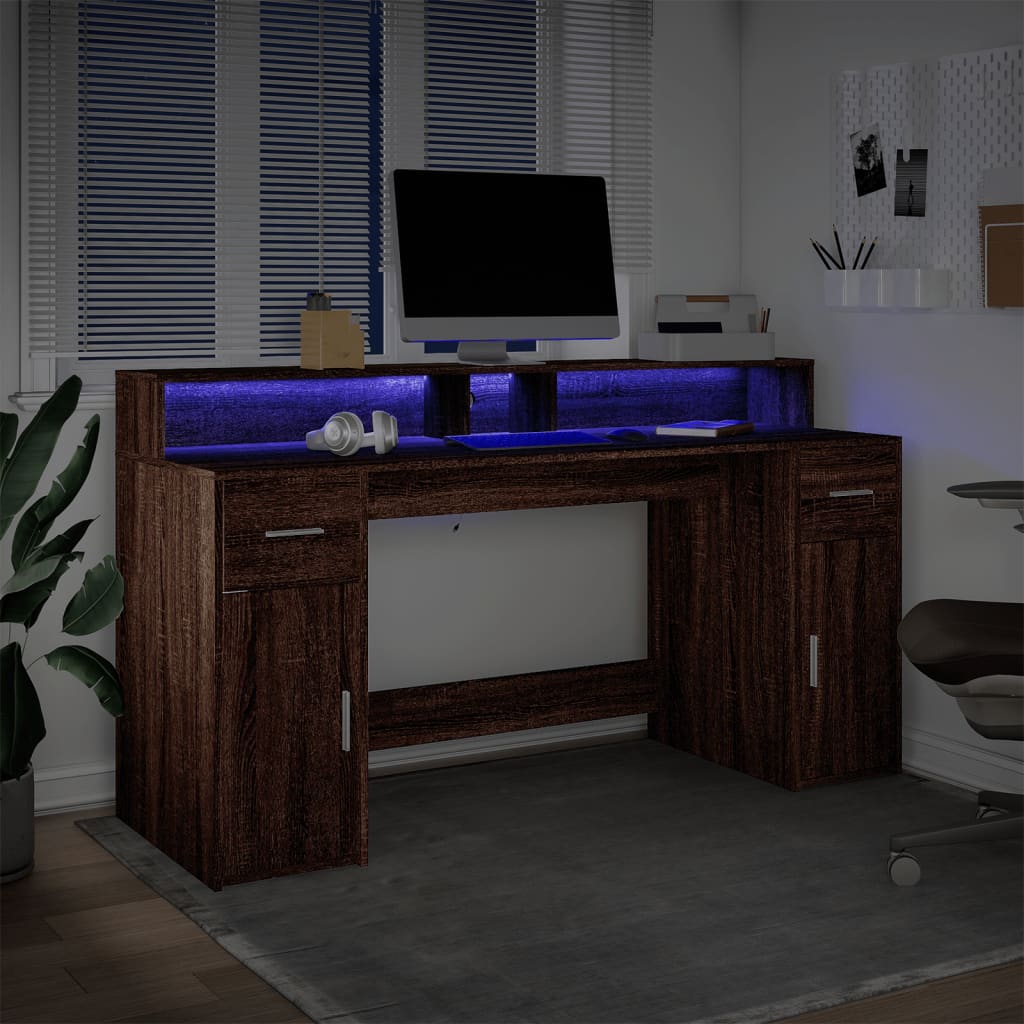 Skrivebord med LED-lys brun eik 160x55x91 cm konstruert tre