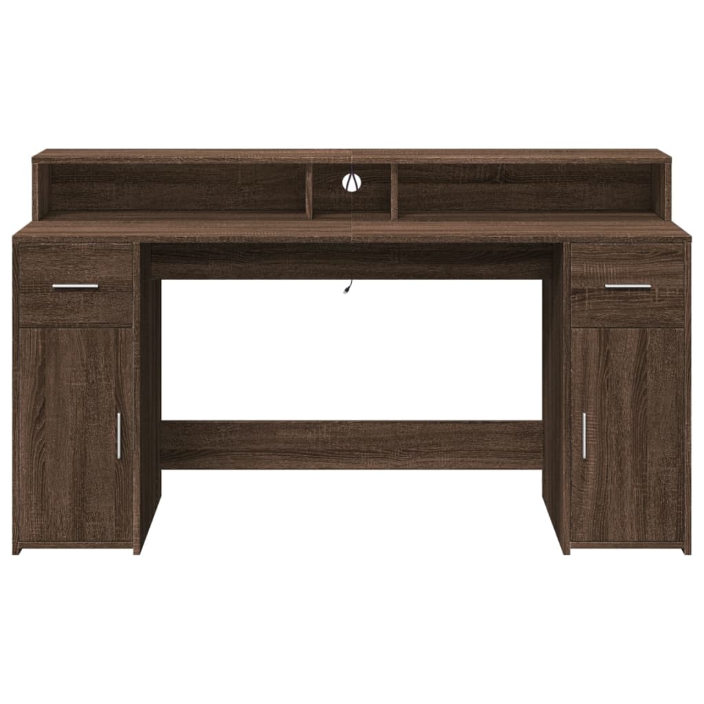 Skrivebord med LED-lys brun eik 160x55x91 cm konstruert tre