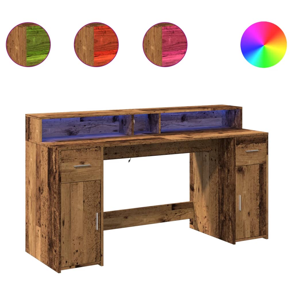 Skrivebord med LED-lys gammelt tre 160x55x91 cm konstruert tre