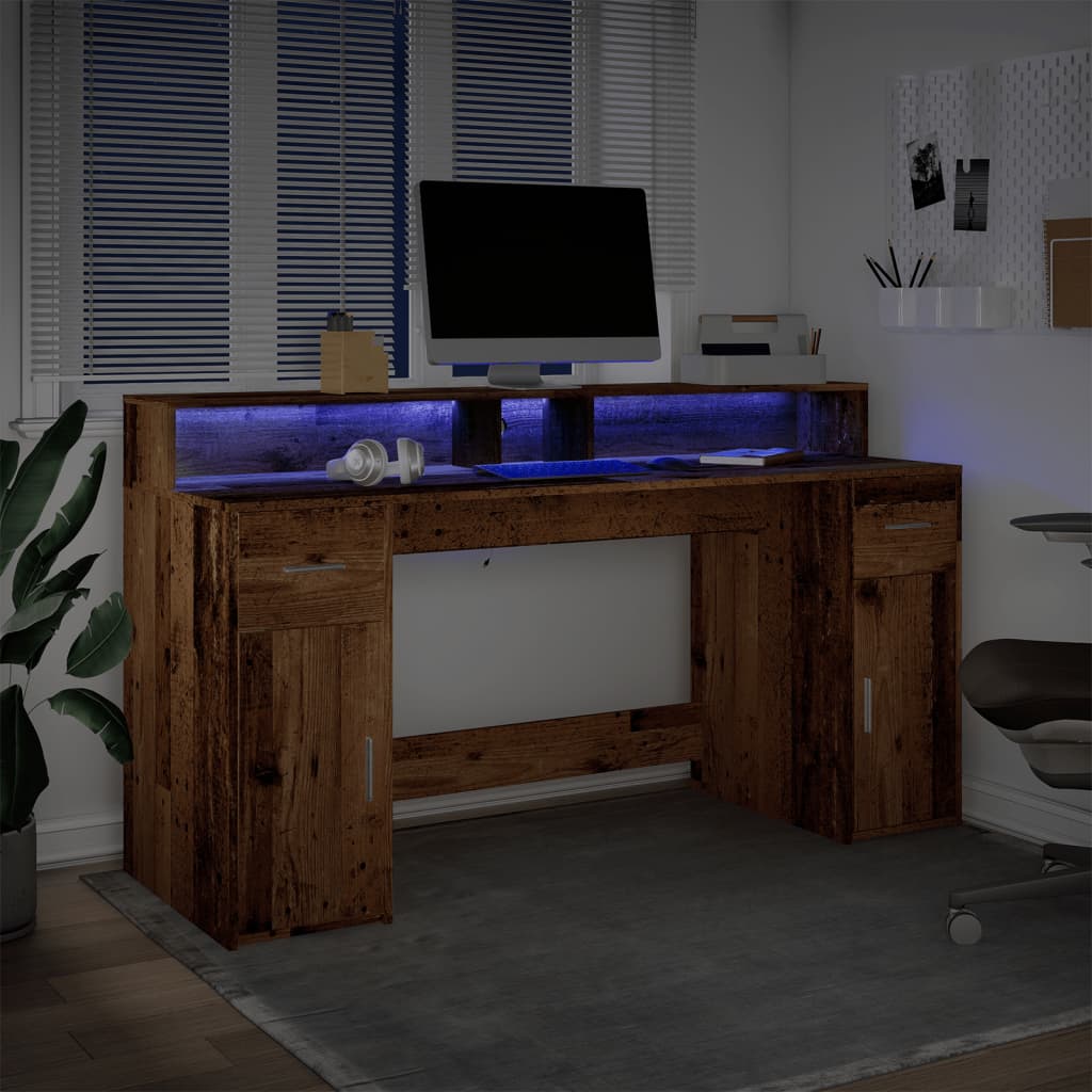 Skrivebord med LED-lys gammelt tre 160x55x91 cm konstruert tre
