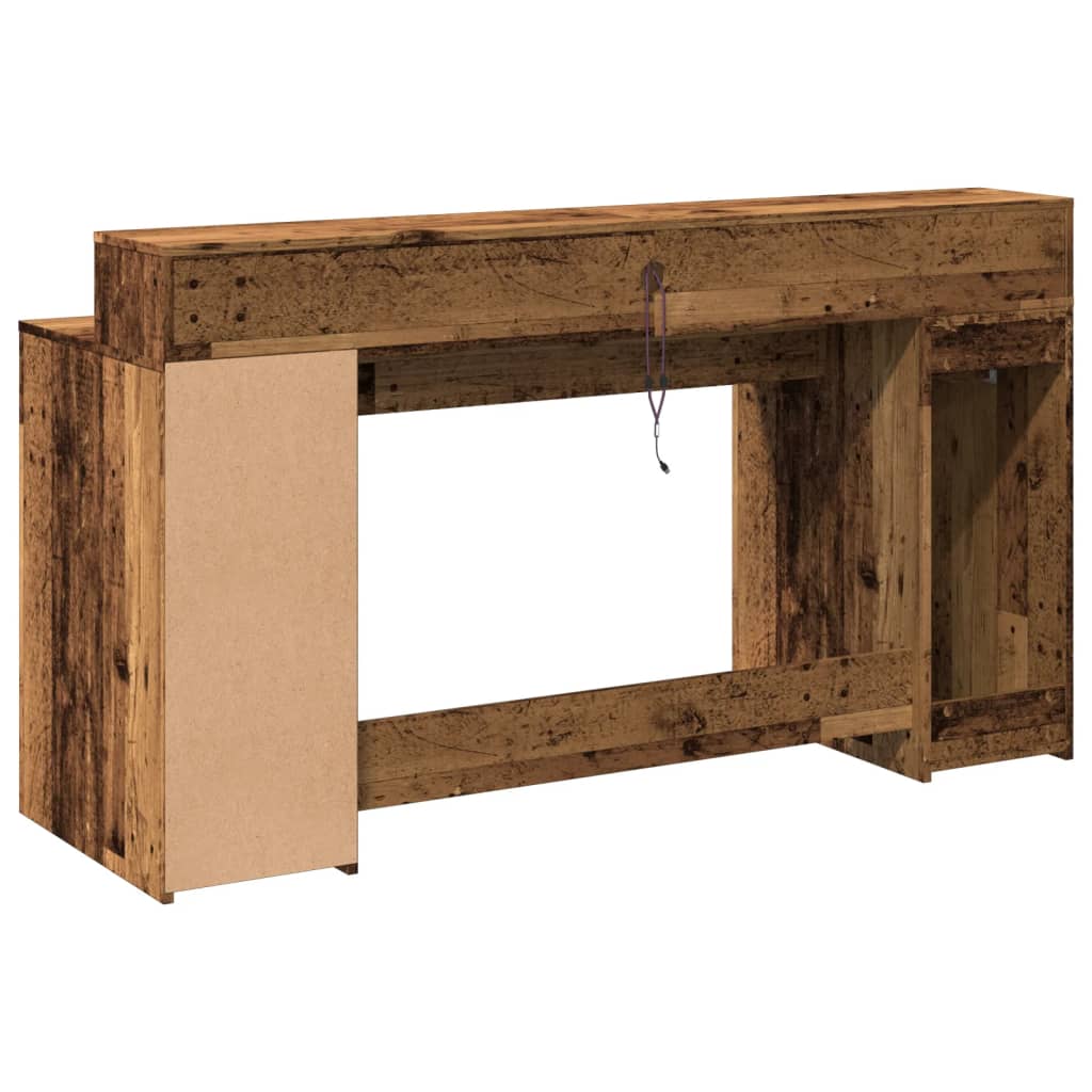 Skrivebord med LED-lys gammelt tre 160x55x91 cm konstruert tre